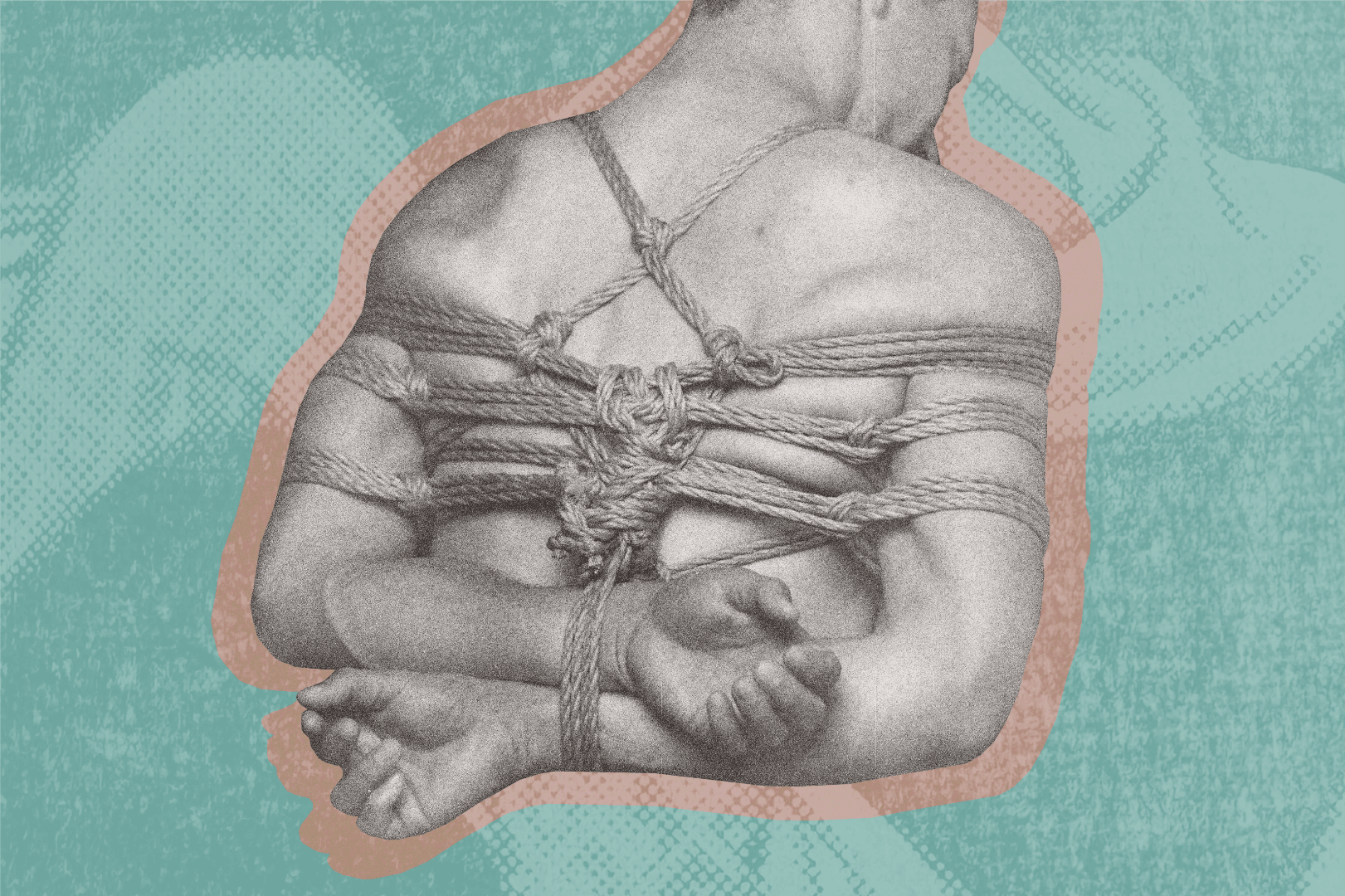a man with hands bound behind back with a shibari takate kote (TK), set against a teal background.