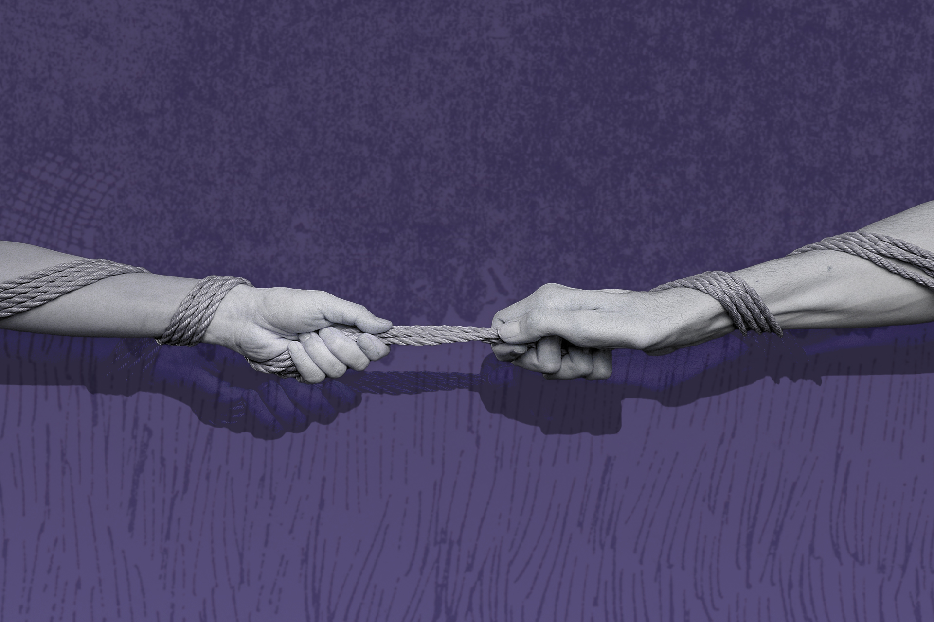 Two hands bound with rope pulling in opposite directions against a purple background