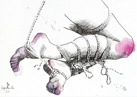 Ink illustration of two legs decoratively bound together.