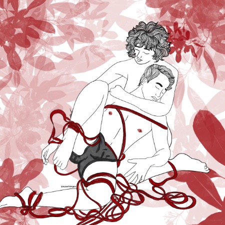 An illustration of two people practicing shibari, the rope bottom lying in the arms of the rigger as they're untied.