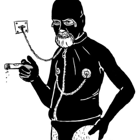 An illustration of Freud in a gimp suit smoking a cigar.
