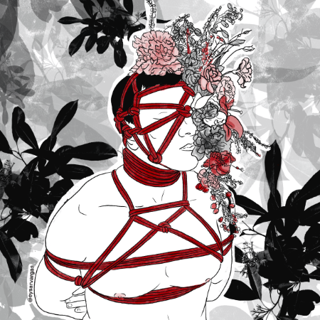 An illustration of someone tied in red ropes with flowers decorating their head and plants in the background.