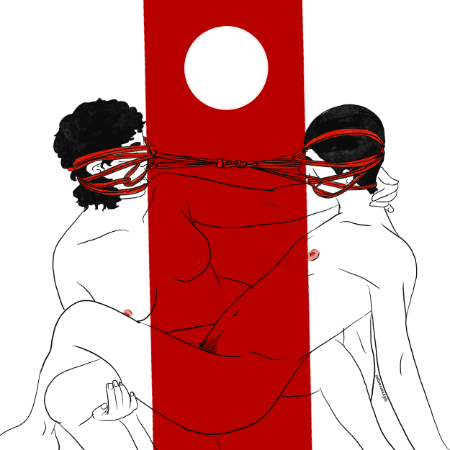 An intimate black and red illustration of two people tied together by their heads.