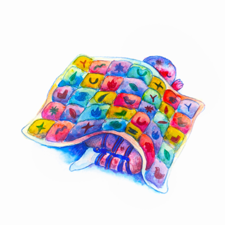 A colorful illustration of someone curled up under a blanket with one leg tied in shibari ropes.