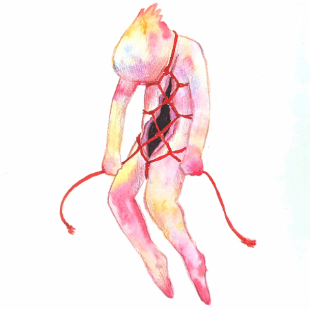 A colorful illustration of someone seemingly stitching themself together with shibari rope.