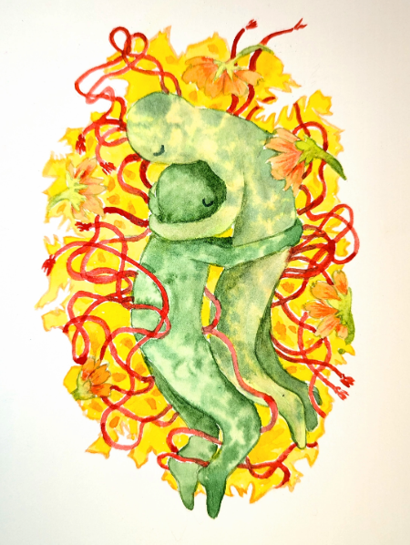 A colorful illustration of two people hugging surrounded by ropes and flowers.