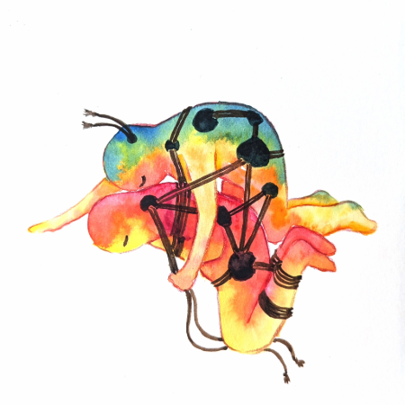 A colorful illustration of two humanoid creatures cuddling.