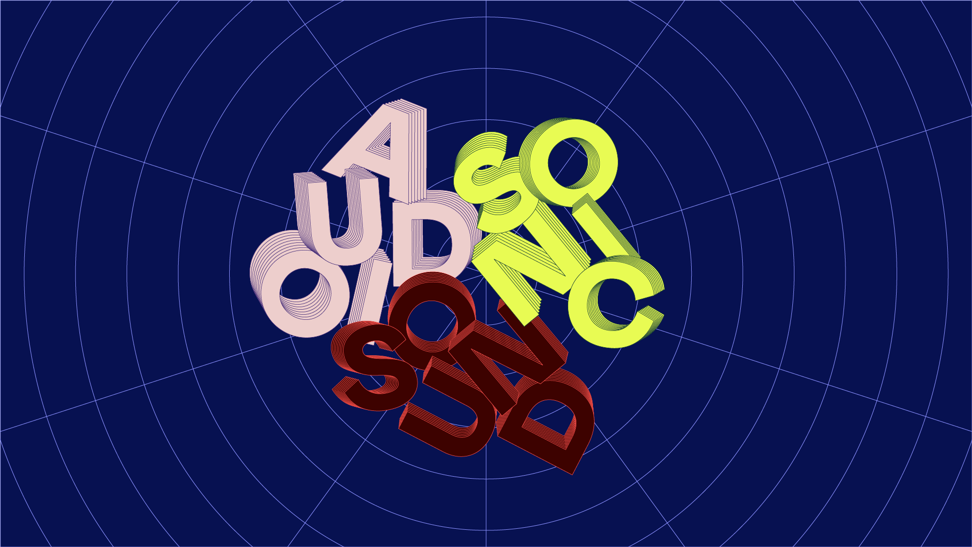 A visualization of colorful three-dimensional letters that spell out the words “Audio,” “Sound,” and “Sonic.”