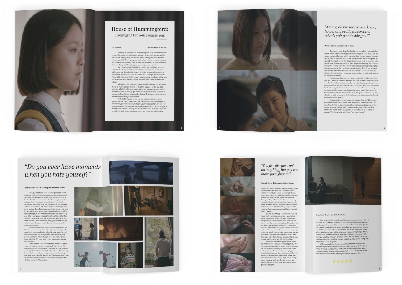 A editorial layout containing an essay review and images from Kim Bora's movie "House of Hummingbird"