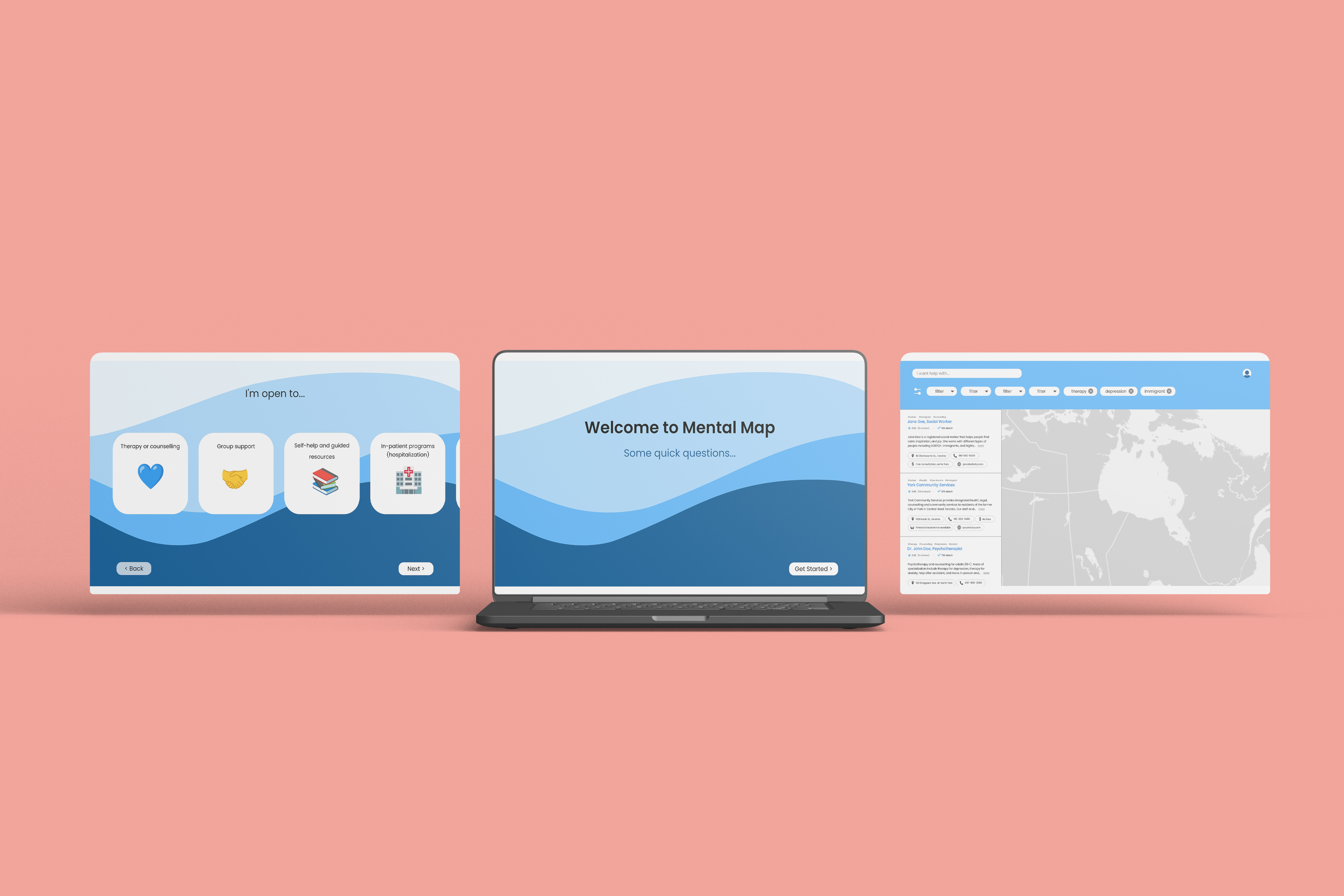 3 different laptop screens showing the flow of Mental Map's platform