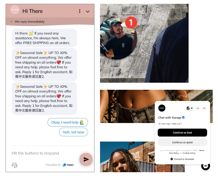 A collage of examples of pop up chats on various websites