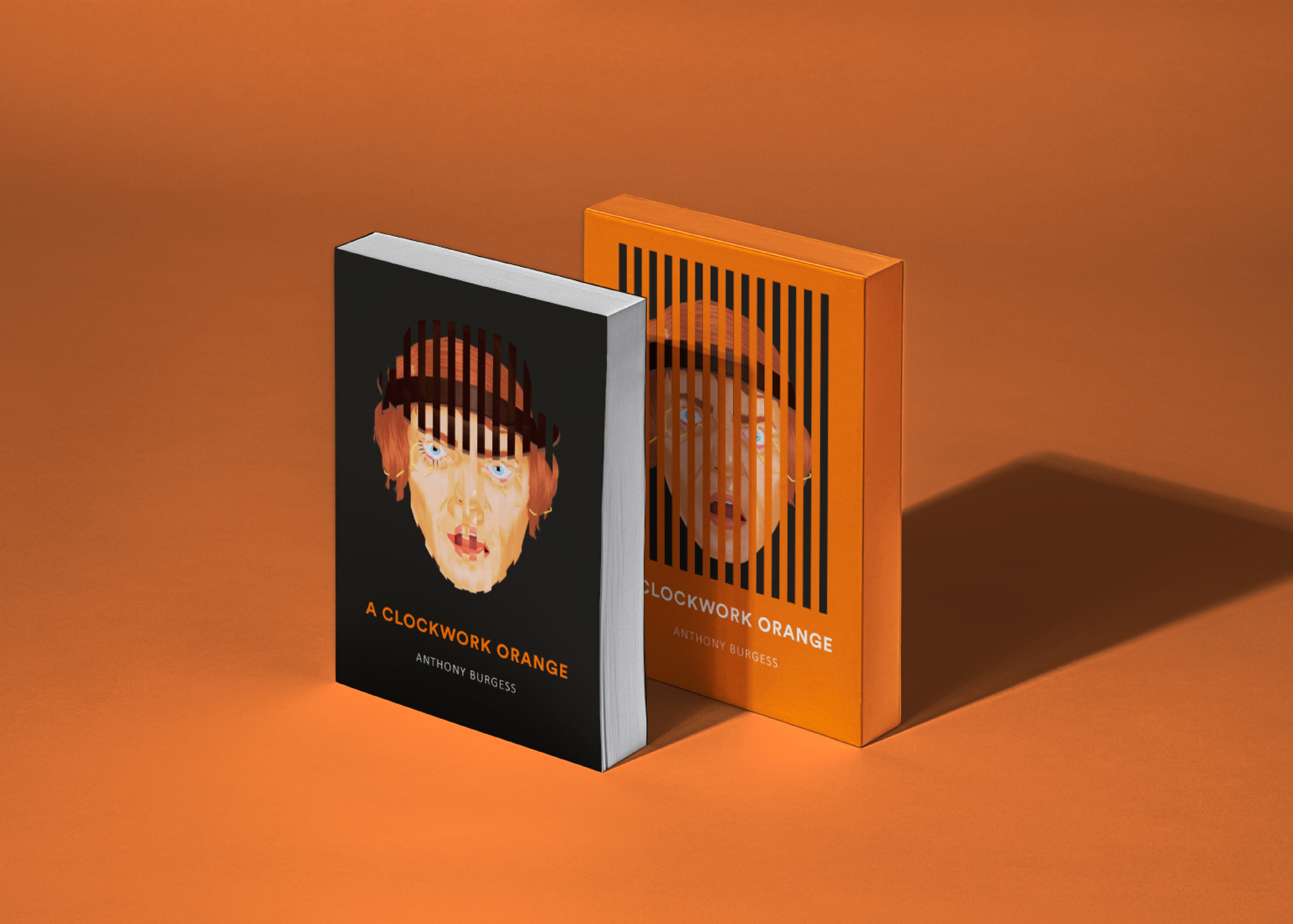 A book and book sleeve for Anthony Burgess' novel A Clockwork Orange against an orange backdrop