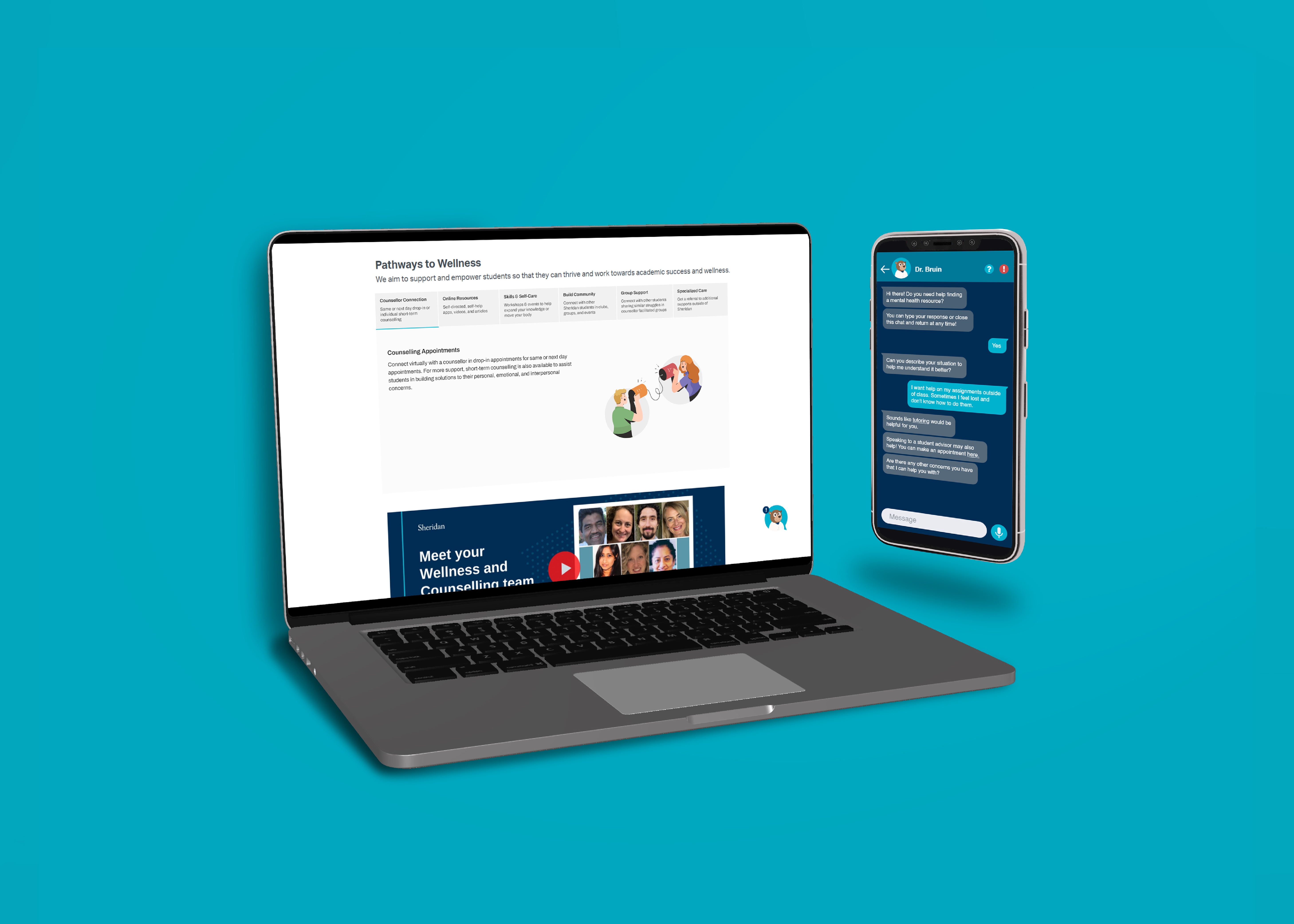 A laptop and mobile phone showing example screens from Doctor Bruin against a blue backdrop