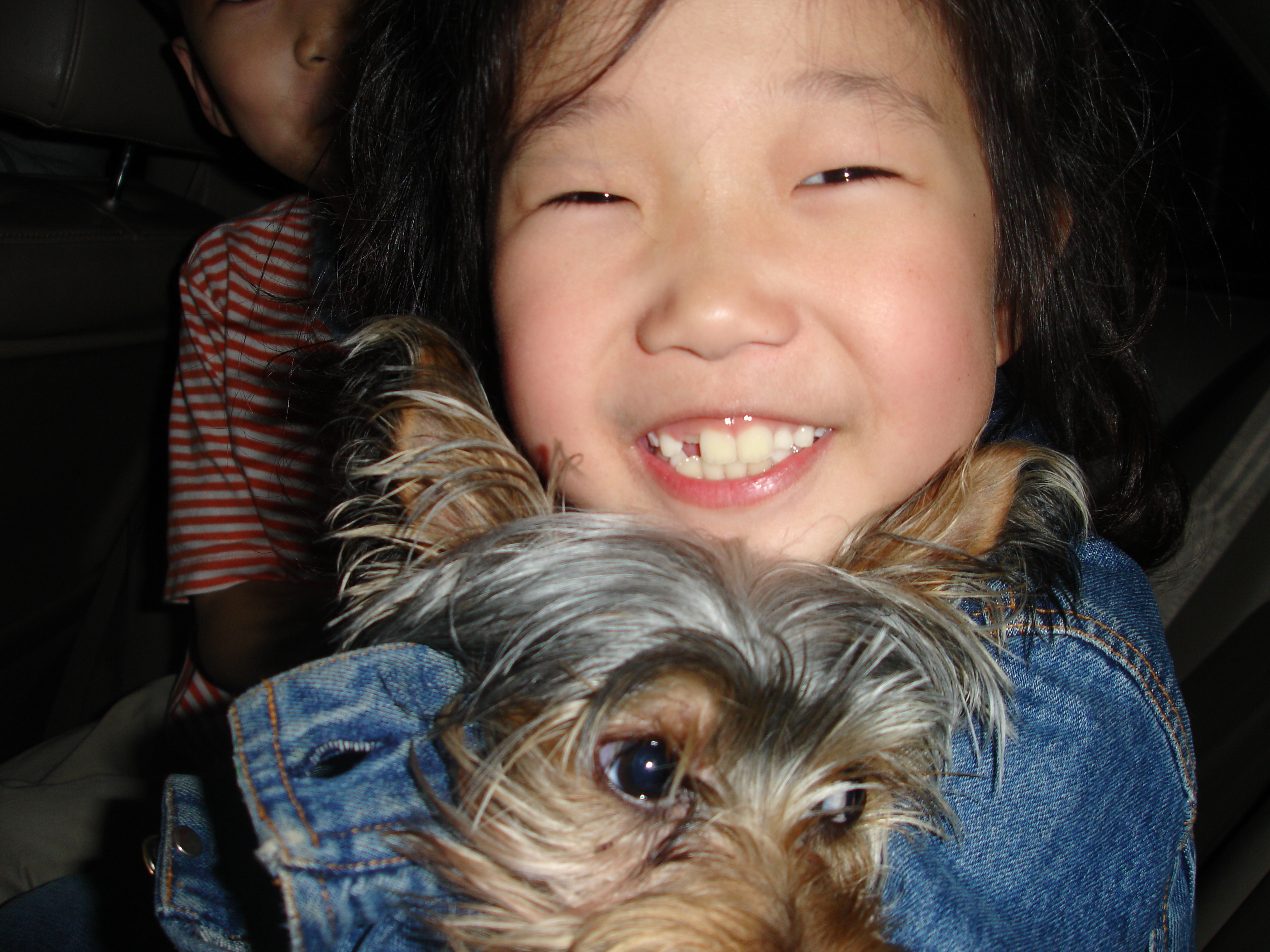 A young Euni smiling and holding a Yorkshire Terrier puppy