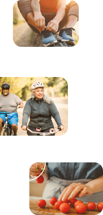Three images on the left side of the screen: a person with medium skin tone wearing exercise clothes outside and tying his shoe, two people appearing as a couple, with medium and dark skin tones, riding bicycles and smiling, a chef with light skin tone preparing cherry tomatoes for cooking.