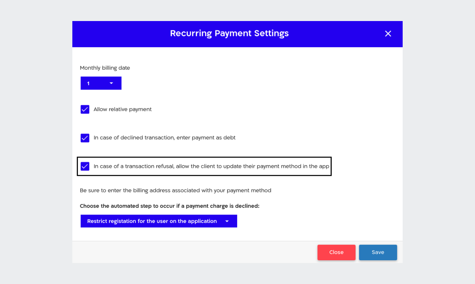 edit recurring payment general settings