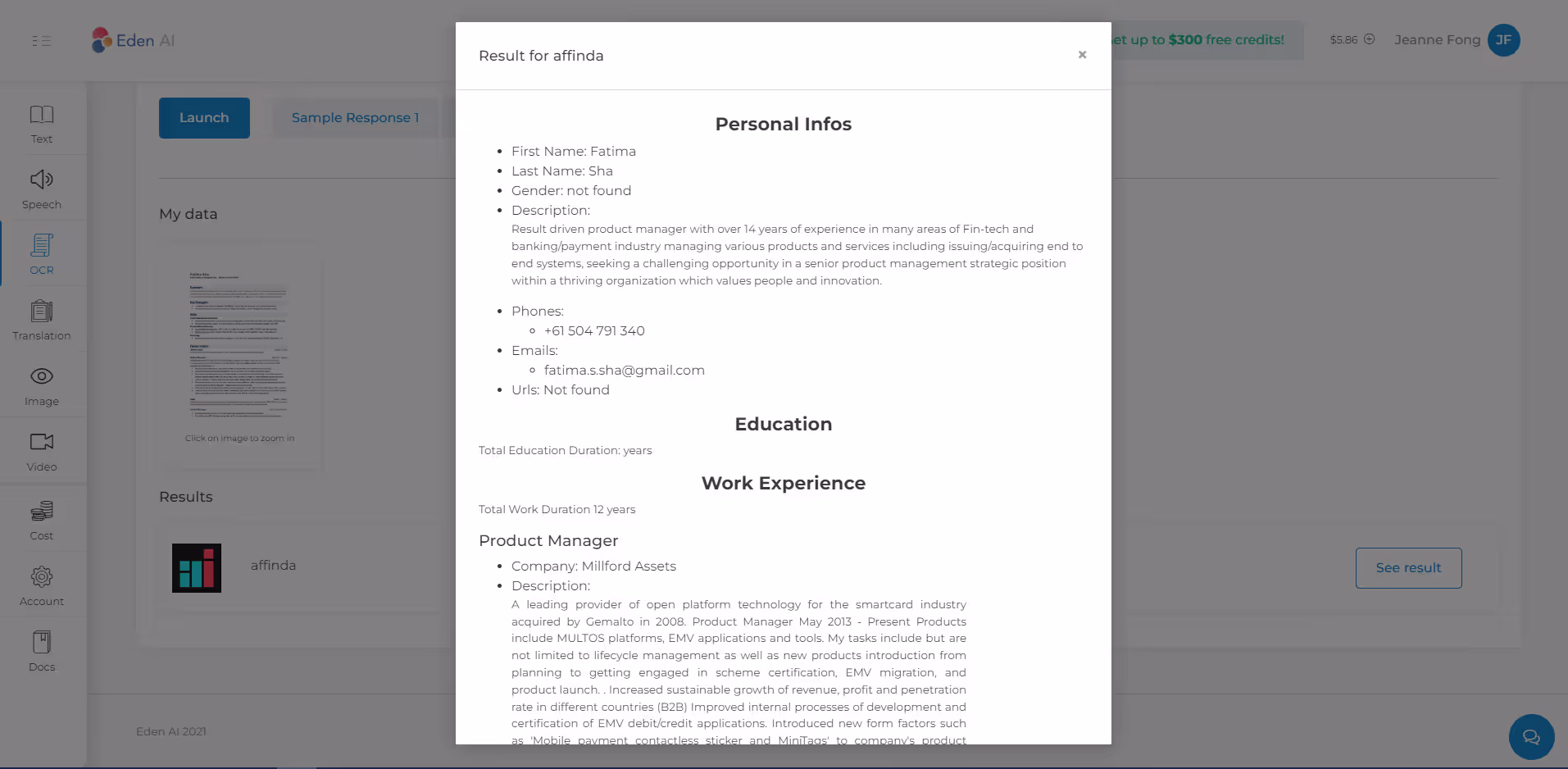 Resume Parser AI on Eden AI platform