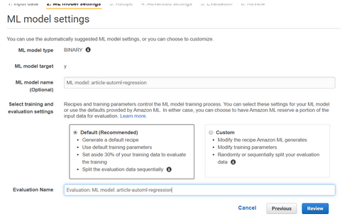 ML model settings