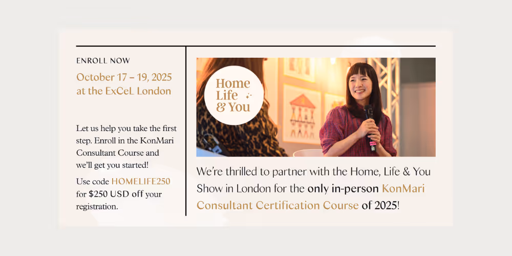 An image on Mari Kondo on the Home, Life & You stage and the offered course