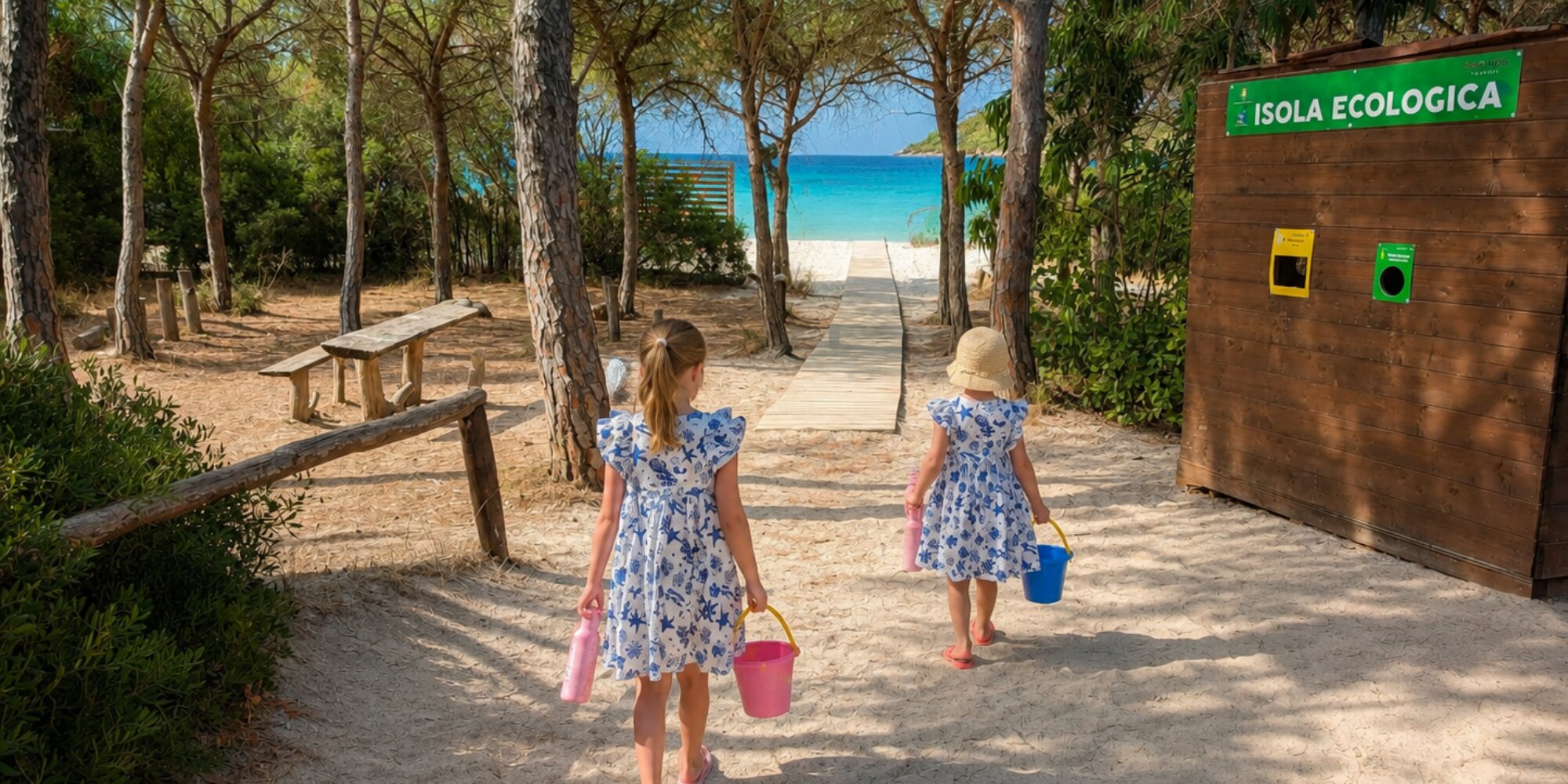 image of two young children walking on beach towards the sand, with trees in the background