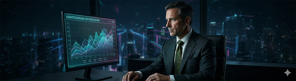 CTO reviewing transformation progress charts during year-end planning — symbolising clarity and focus during the festive season slowdown.