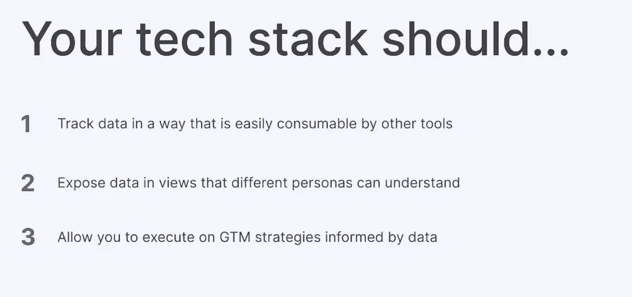 Slide listing three core capabilities for PLG tech stacks