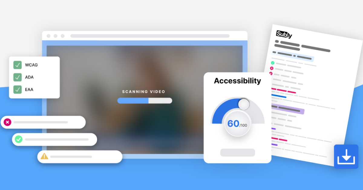 Interface showing a video scanning for accessibility compliance with checks for WCAG, ADA, EAA, an accessibility score gauge of 60 out of 100, and a report with highlighted issues.
