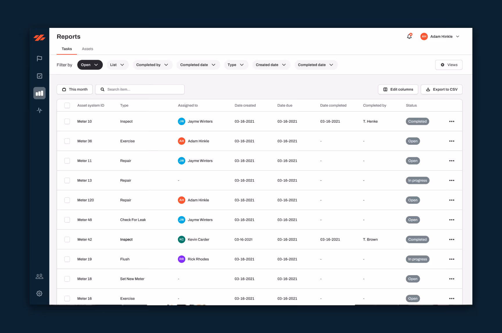 Dashboard interface showing a report table with tasks including water utility asset system ID, type, assigned user, creation and due dates, completion status, and filter options. Ziptility makes water utility and wastewater utility management software simple