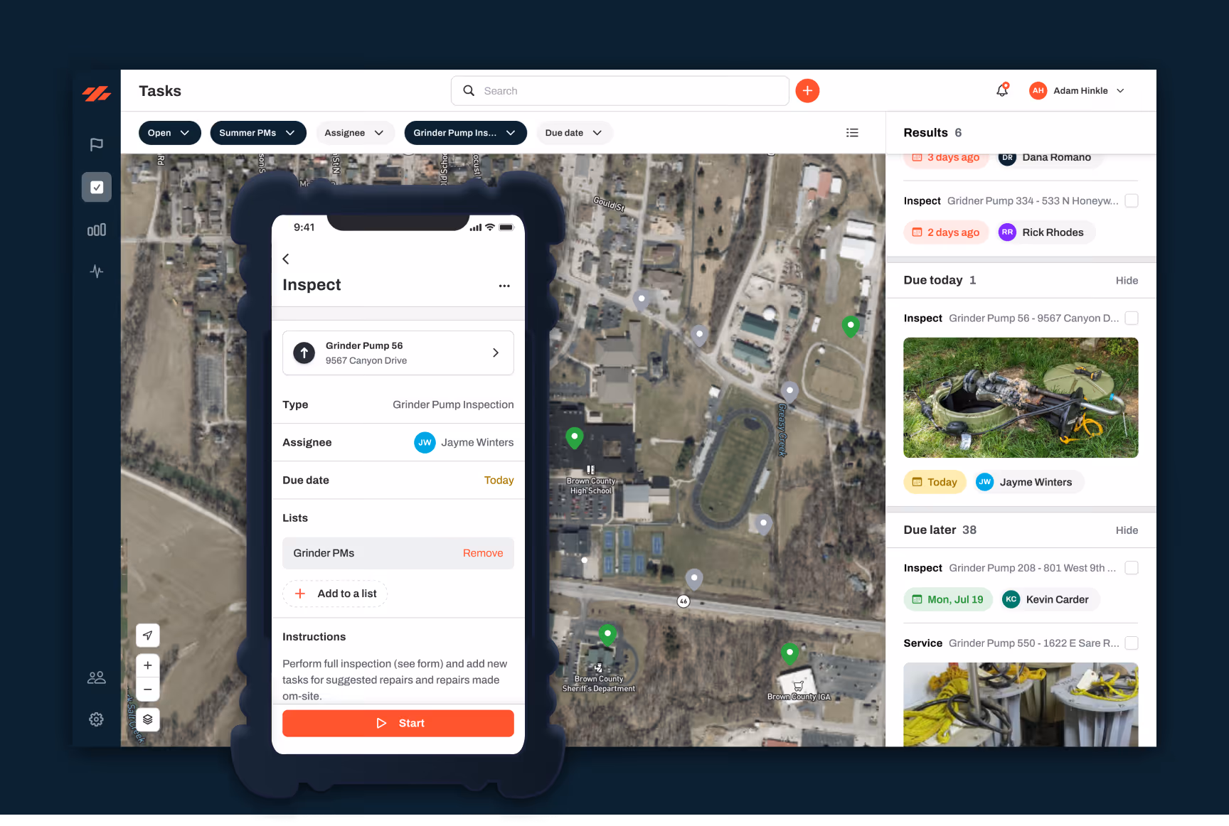 Ziptility Task/work management interface showing a GIS wastewater utility map with location markers, a mobile inspection form for Grinder Pump 56 assigned to Jayme Winters with a due date today, and a sidebar with inspection results and task statuses. Ziptility Wastewater Utility Asset Management made easy