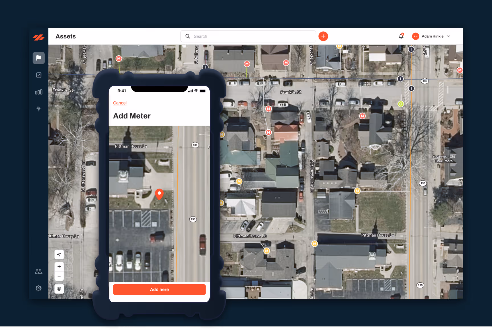 Ziptility Web App Map interface showing an aerial view of a neighborhood with street names and markers, overlaid by a smartphone screen displaying an Add Meter form with a red location pin on a parking lot. Water Utility Software that makes Asset Management easy