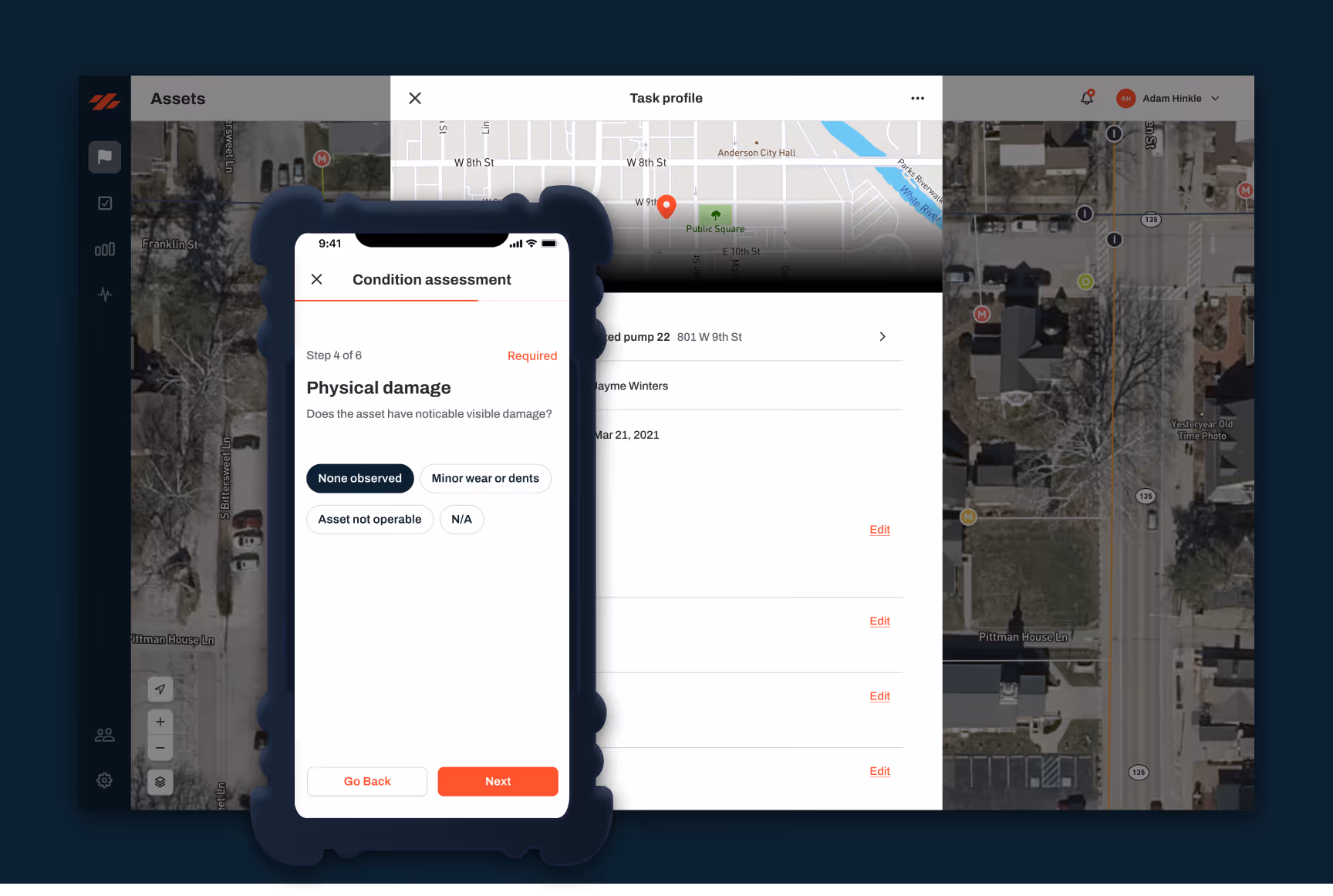 Mobile screen showing a condition assessment form with options for physical damage on an asset, overlaid on a desktop map and task profile interface. Ziptility make preventative maintenance and asset management easy.