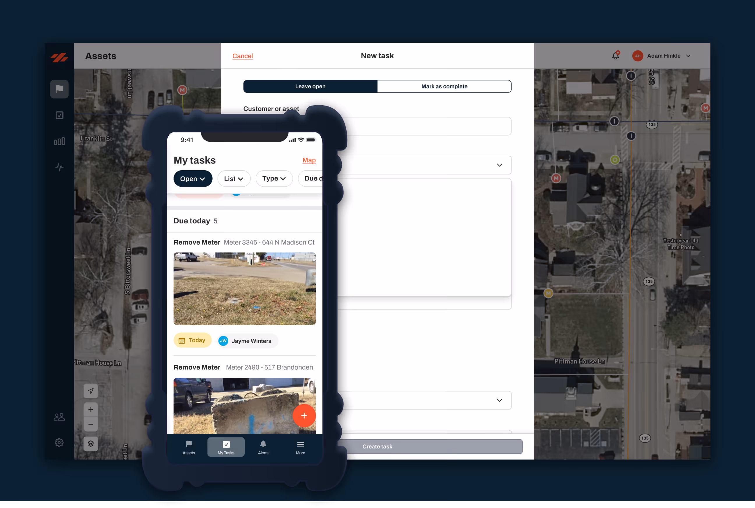 Digital dashboard showing a mobile phone screen with a task list for removing water utility meters, overlaid on a GIS desktop map view with task creation options. Water and Wastewater Utility Work Orders and Service Orders are made easy with Ziptility