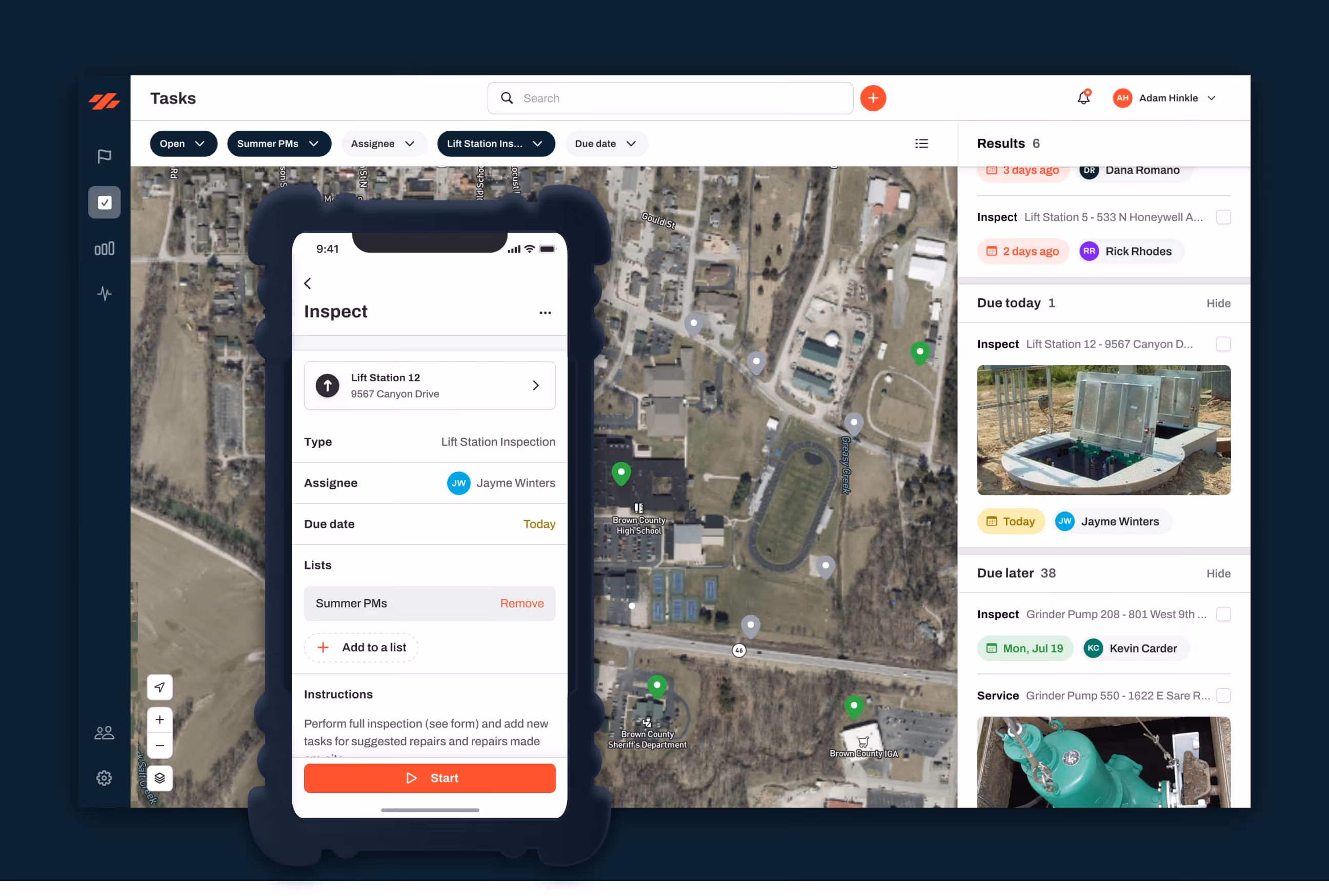 Ziptility GIS map interface showing wastewater utility task management and sewer asset data
