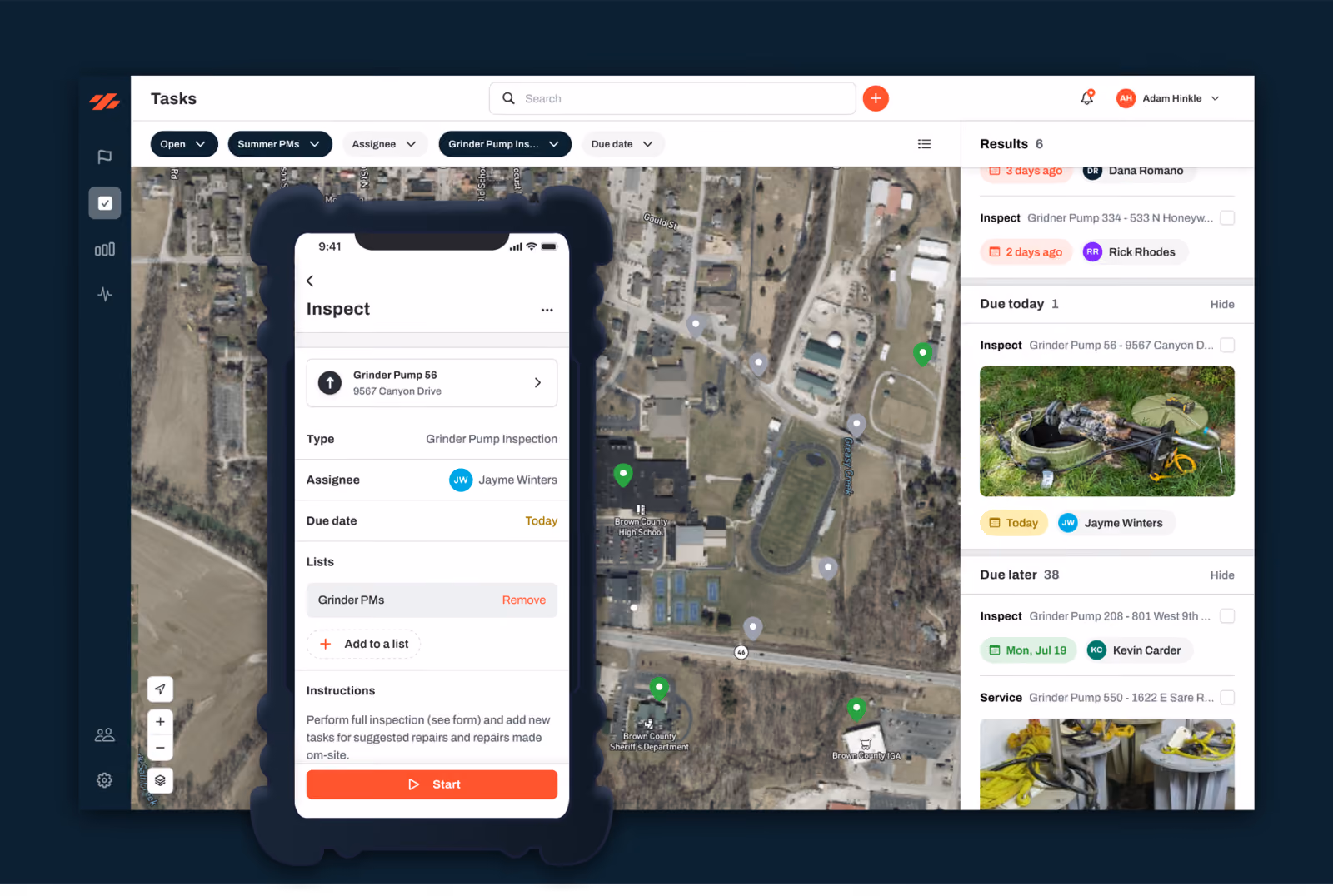 Ziptility task board showing preventive maintenance tasks on a map, with a pump inspection open on a phone