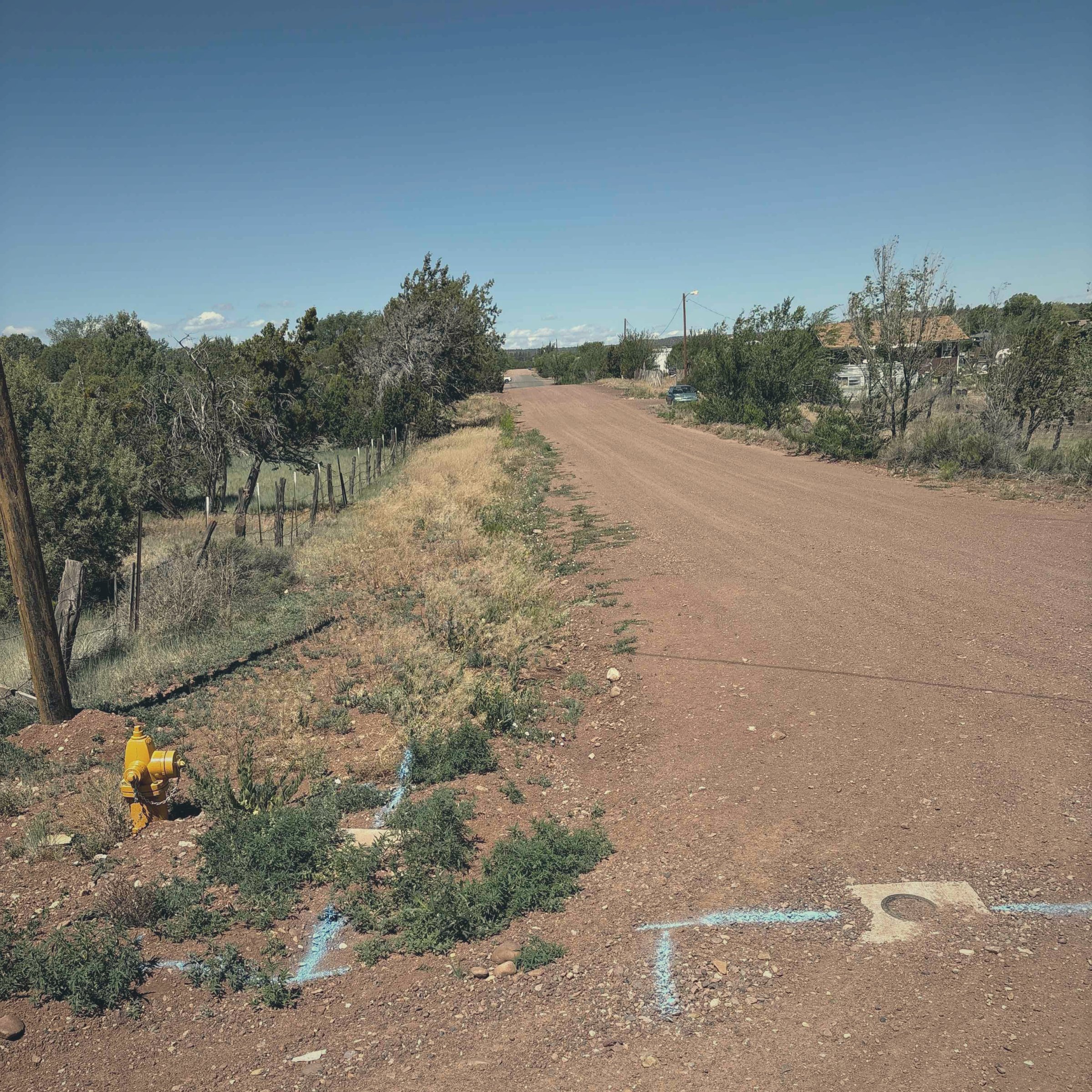 Blue utility locate marks painted on a dirt road beside a fire hydrant
