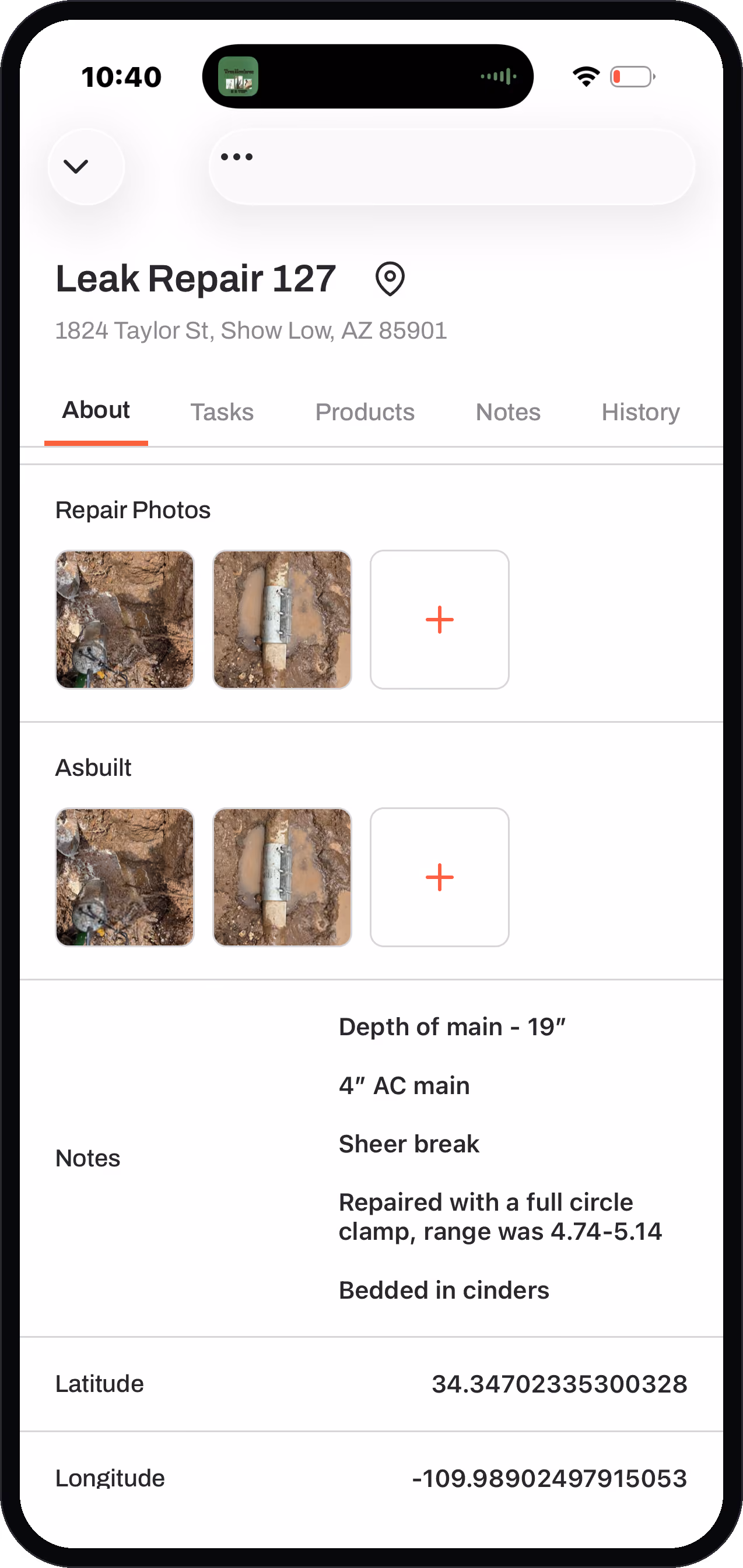 An asset's details shown on the map in the Ziptility app