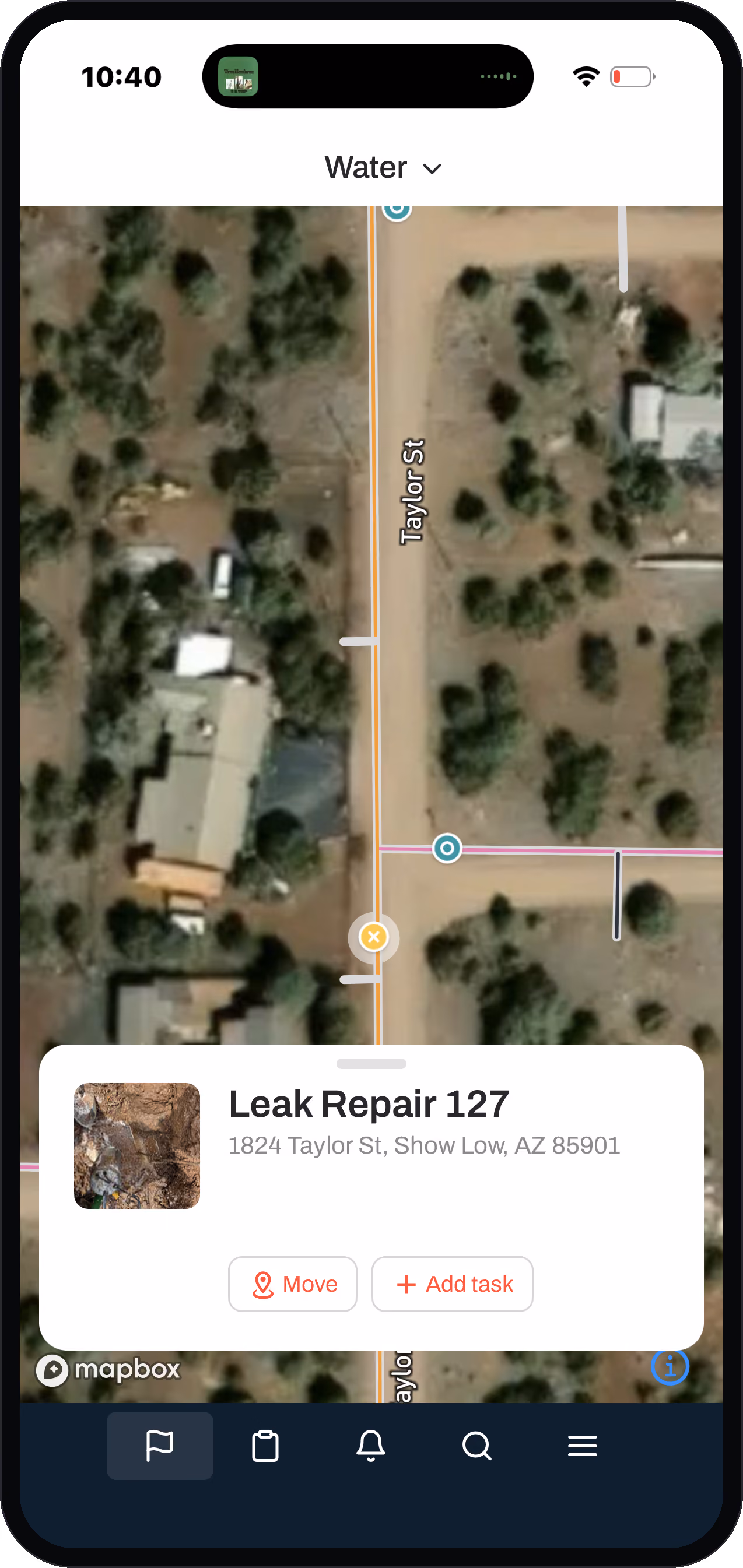 Ziptility living map showing water mains, valves, and service lines on a satellite view
