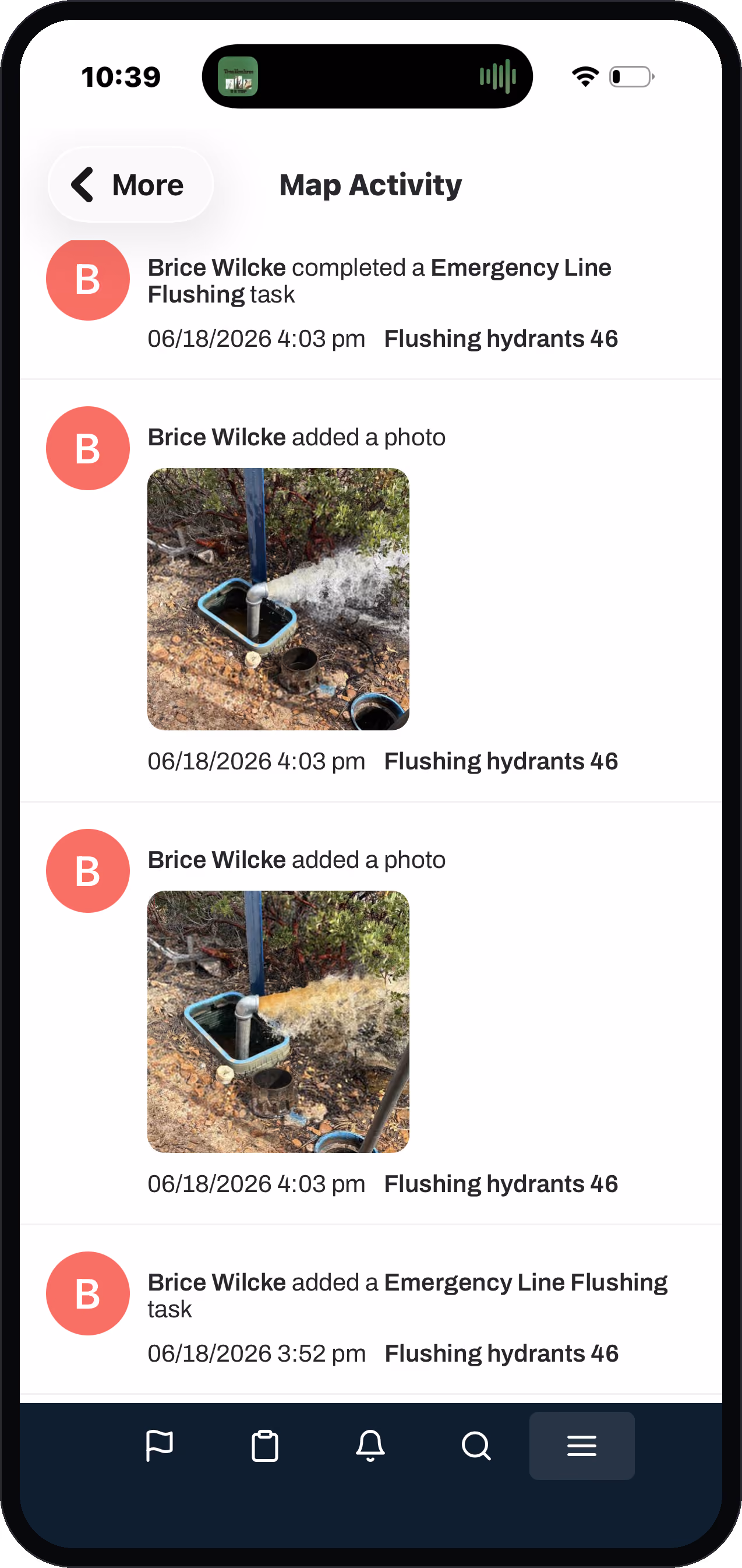 Ziptility work order activity feed on a phone: a completed line-flushing task with field photos