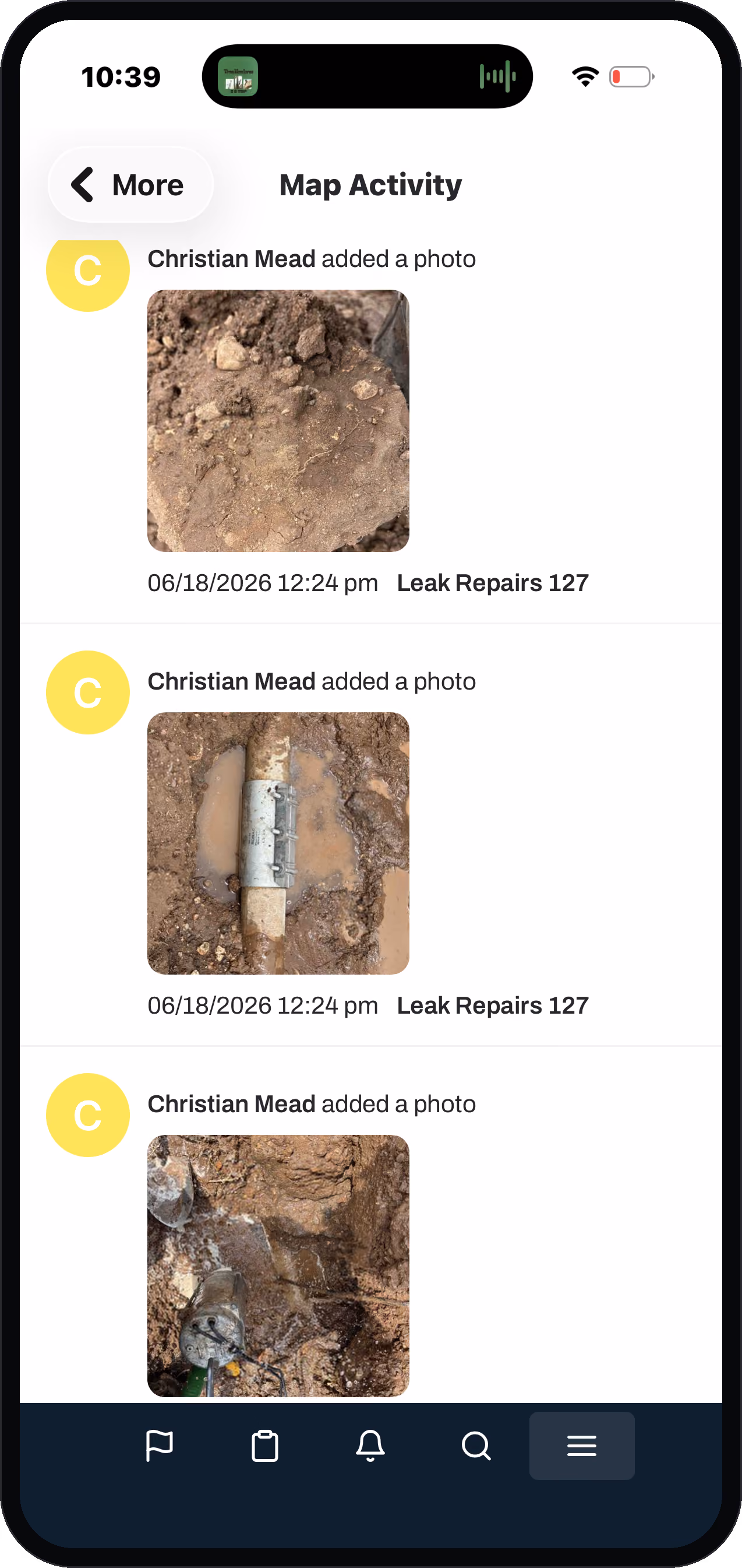 Ziptility map activity feed with field photos from a leak repair