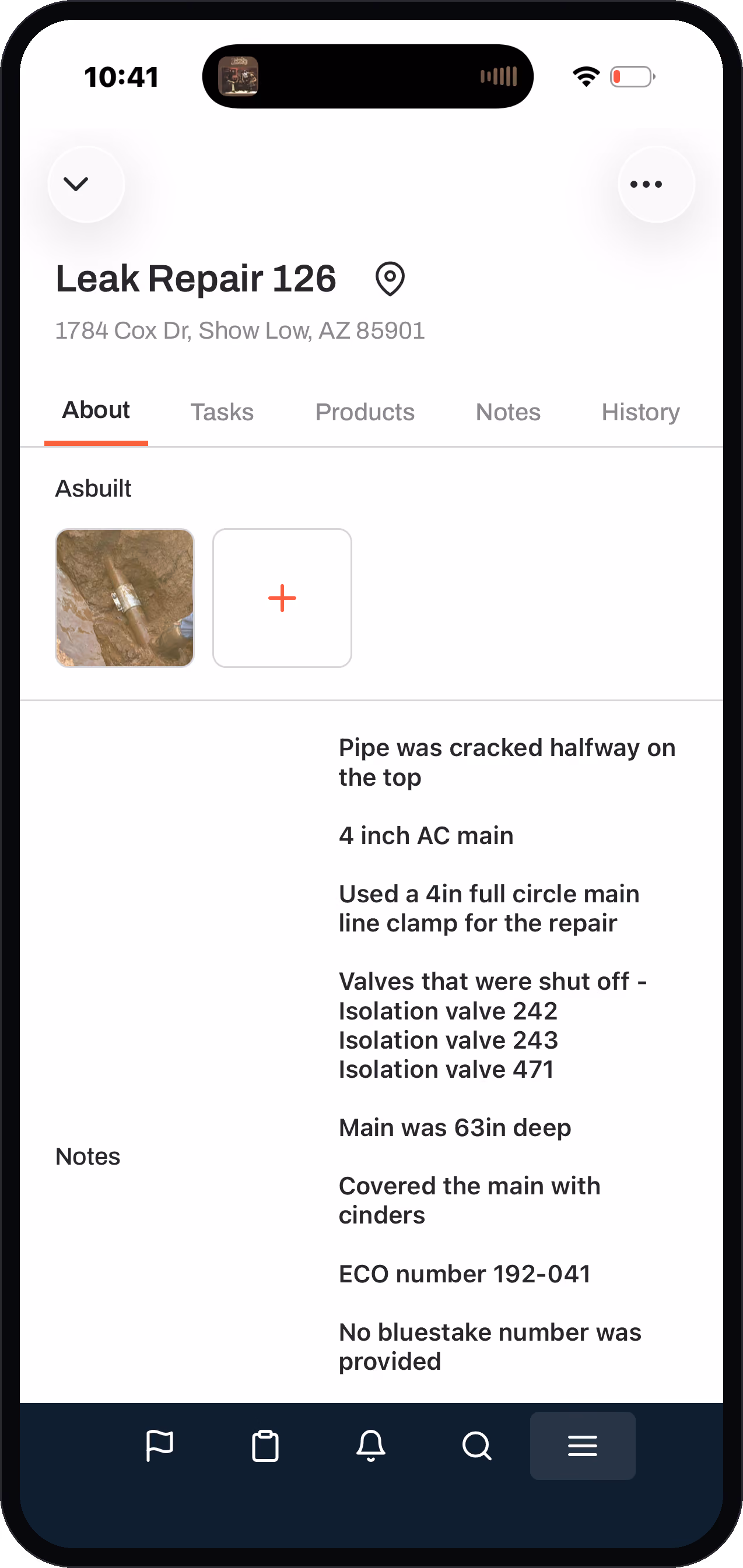 Ziptility asset record with repair notes including the missing bluestake number