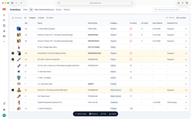 The parts inventory in the Ziptility app