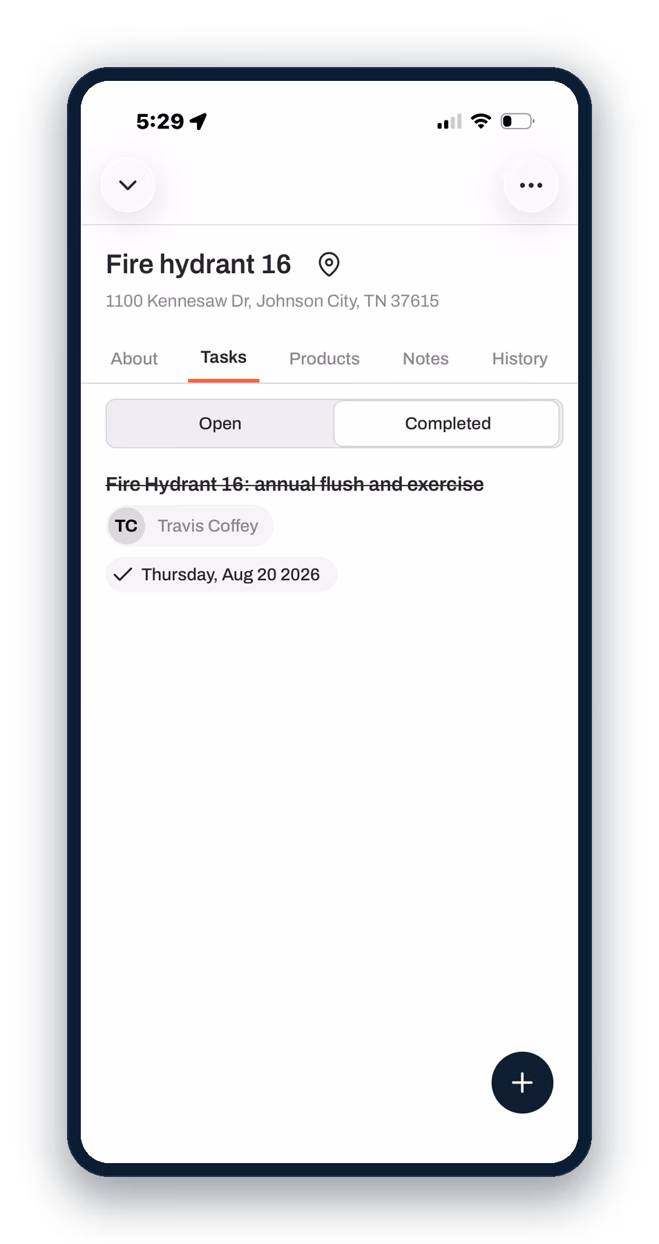 Ziptility on a phone showing the completed annual flush and exercise task on Fire Hydrant 16, with who did it and the date
