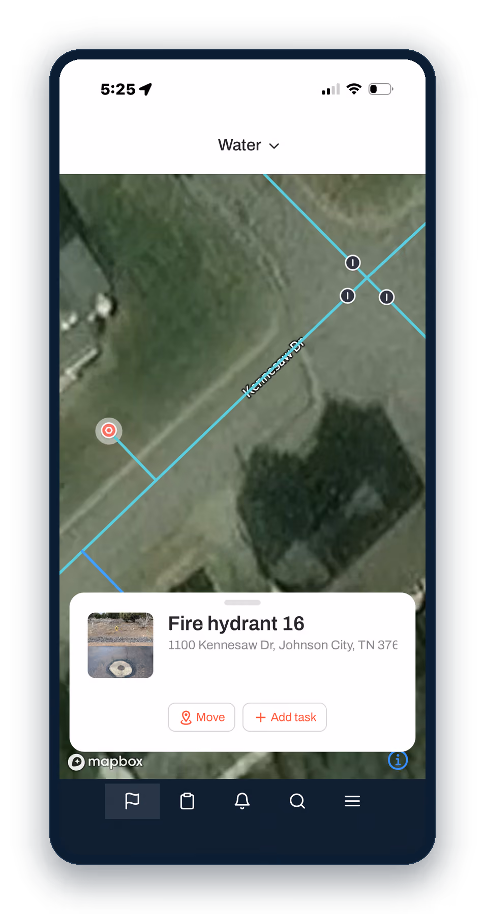 Ziptility on a phone: the map with Fire Hydrant 16 pinned and its photo card open