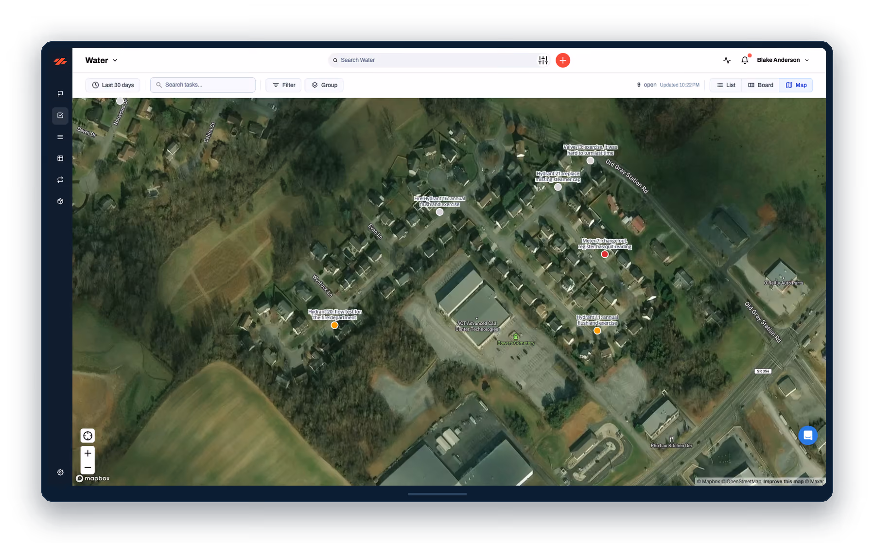 Ziptility map view with open work orders pinned across a neighborhood water system