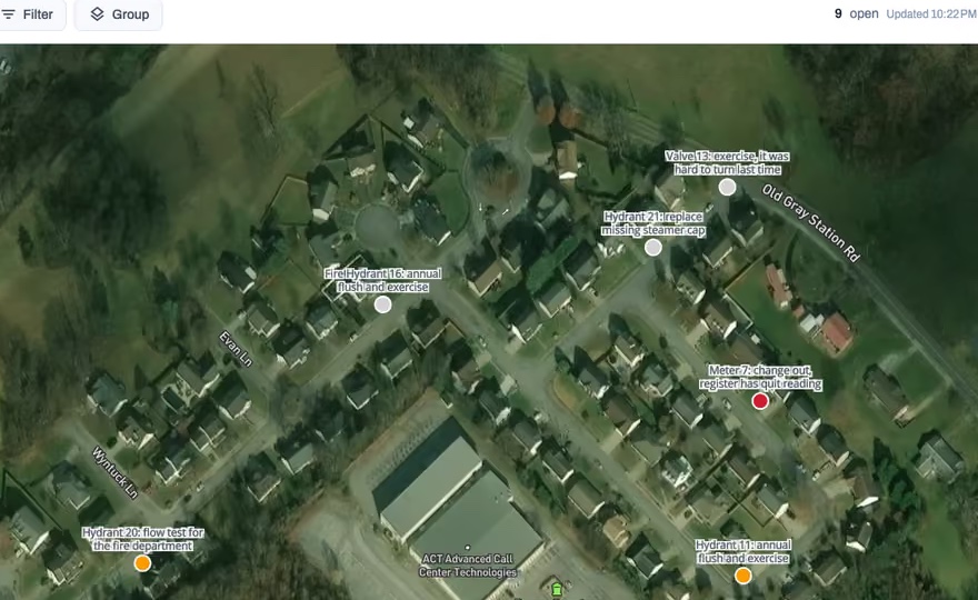 The Ziptility work queue on the map, showing a valve exercise task with the crew's note that it was hard to turn last time