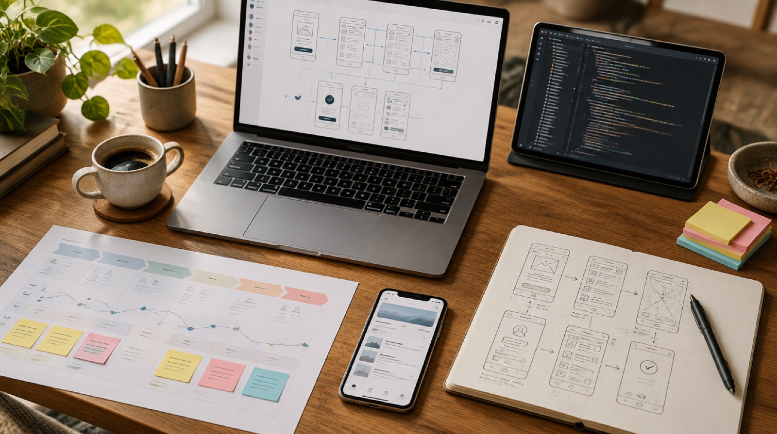 Product designer desk with app user flows on a laptop, a journey map with sticky notes, a phone prototype, code on a tablet and hand-drawn wireframes