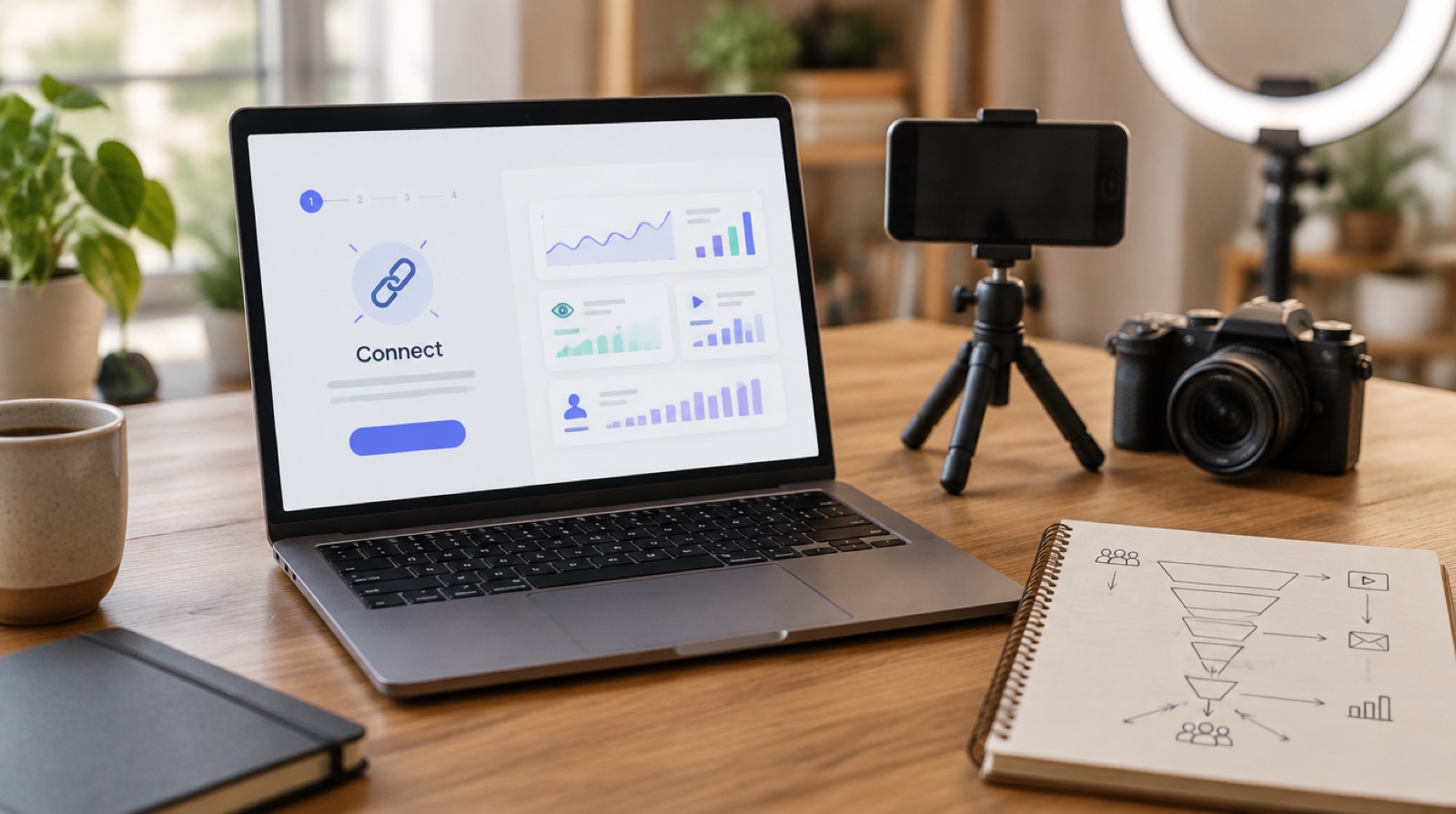 Creator desk with a laptop showing an app onboarding screen, a phone on a tripod, a camera and a sketched user funnel in a notebook