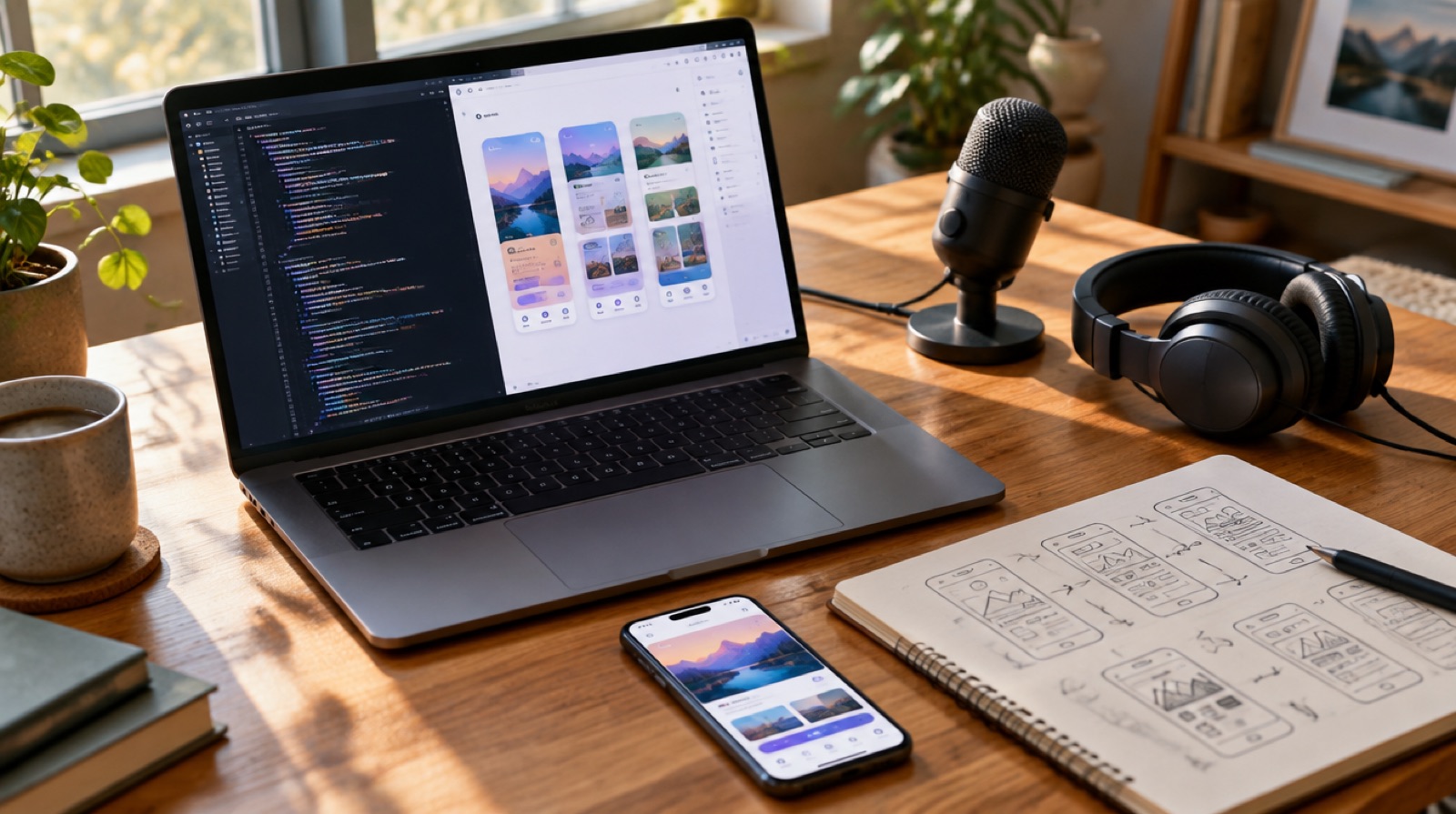 Designer desk with a laptop showing code next to app screens, an iPhone prototype, a microphone and headphones, and a sketchbook of wireframes