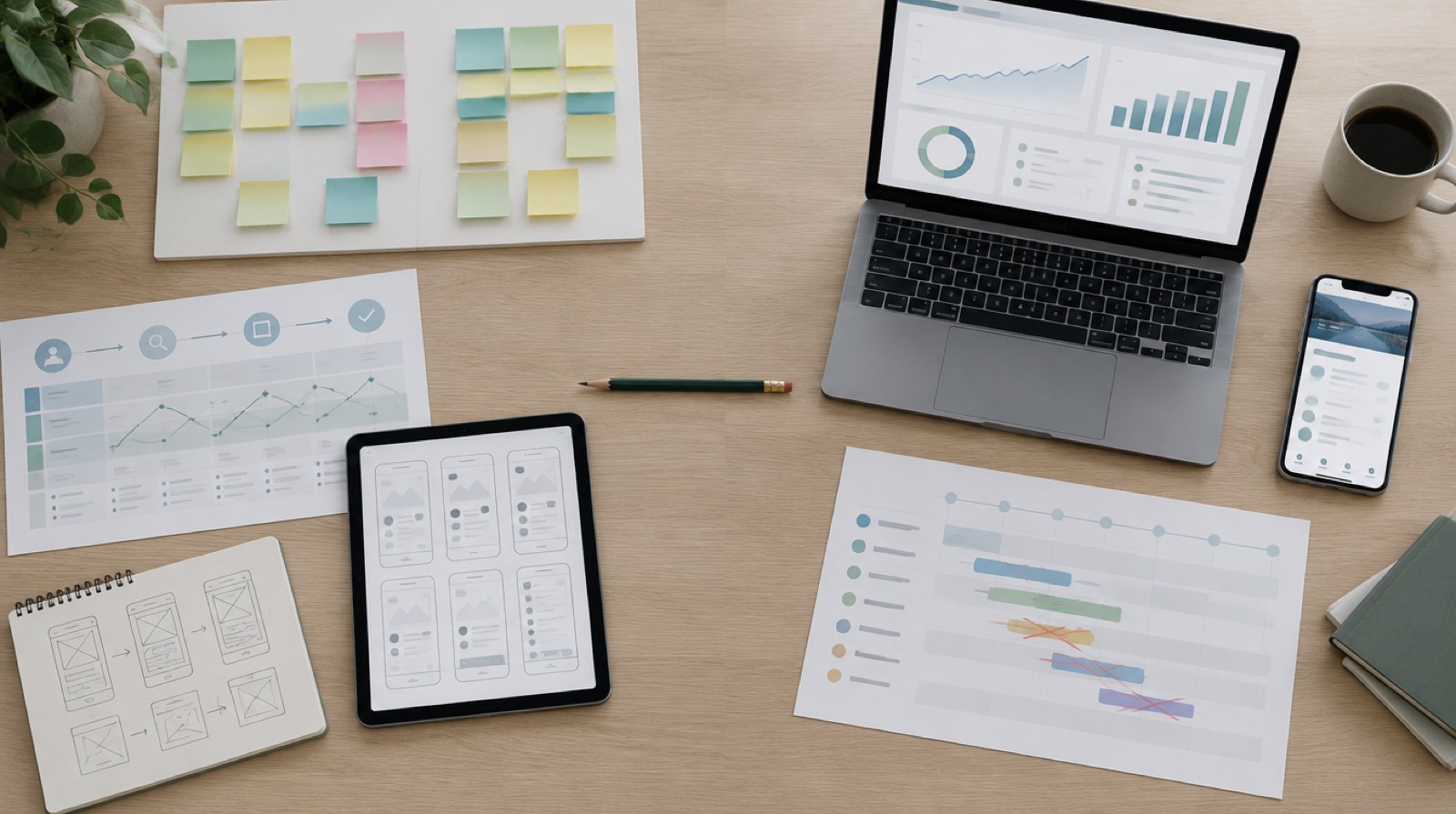 Desk split between UX research materials like sticky notes, a journey map and wireframes, and product materials like a metrics dashboard and a roadmap