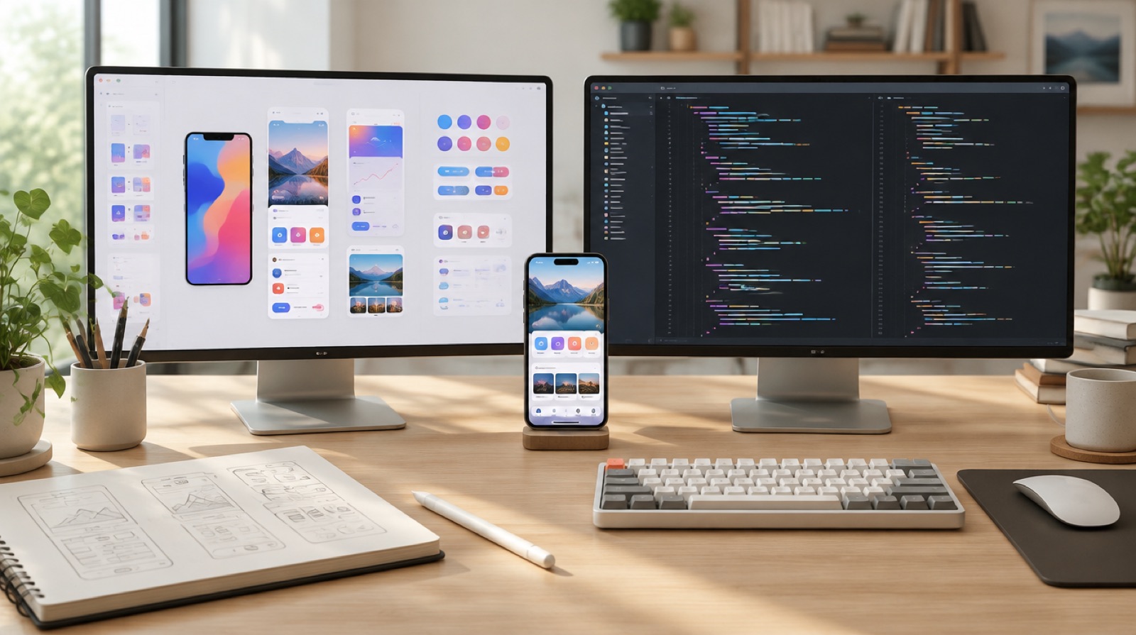 Design engineer desk with an interface design canvas on one monitor, a code editor on the other and an iPhone prototype between them